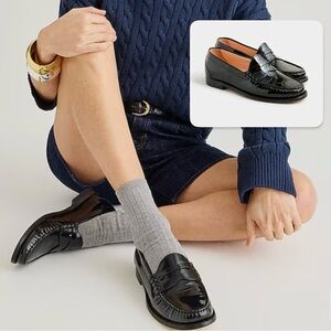 J. CREW Spazzolato Black Patent Leather Penny Loafers High Gloss Size 10 Preppy